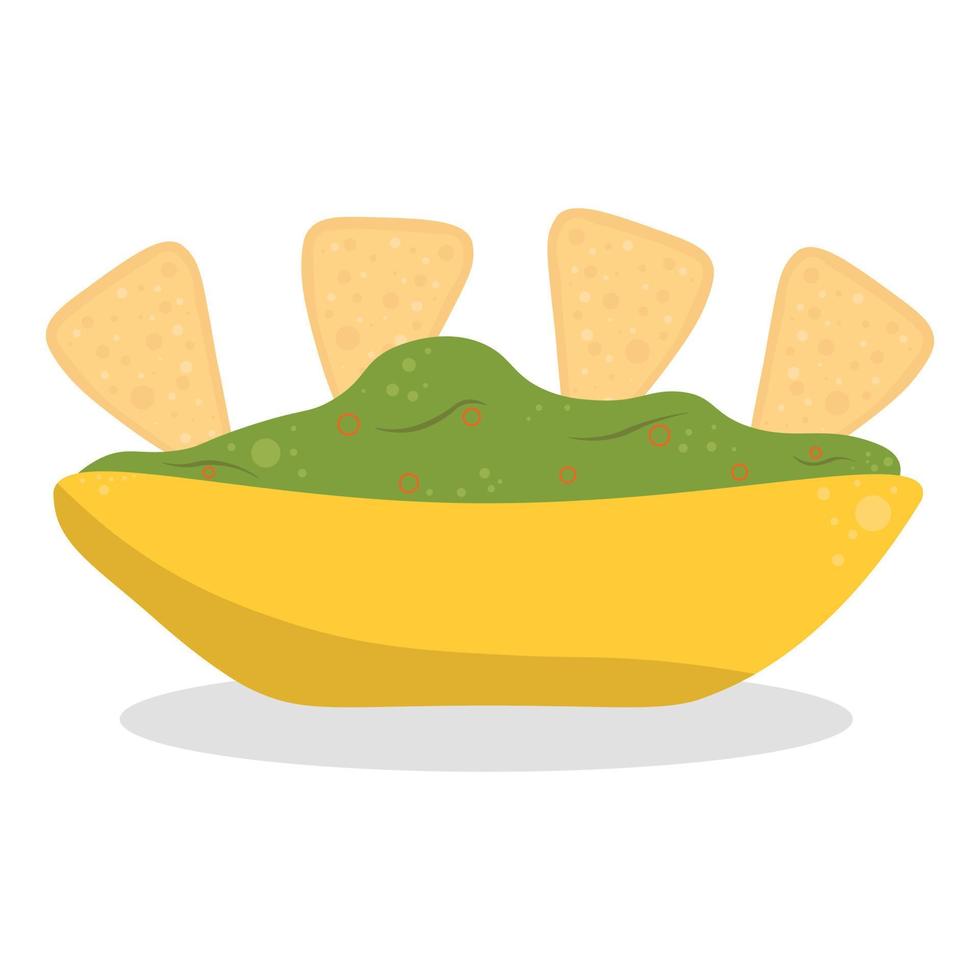 guacamole con nachos - tradizionale messicano latino americano salsa fatto a partire dal avocado. ceramica ciotola con guacamole salsa e tortilla patatine fritte. vettore piatto illustrazione isolato su bianca.