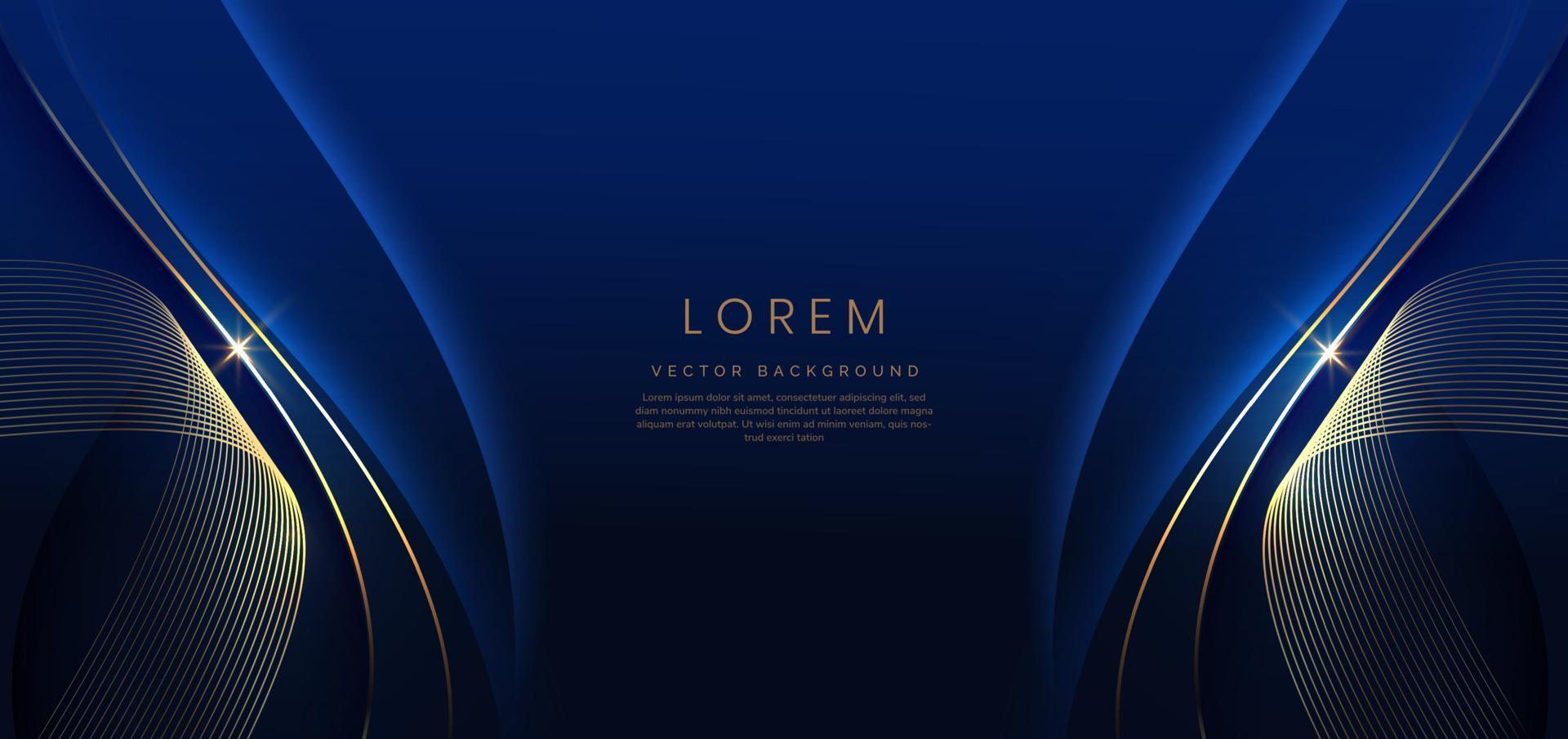 lusso curva d'oro Linee su buio blu sfondo con illuminazione effetto copia spazio per testo. lusso design stile. vettore
