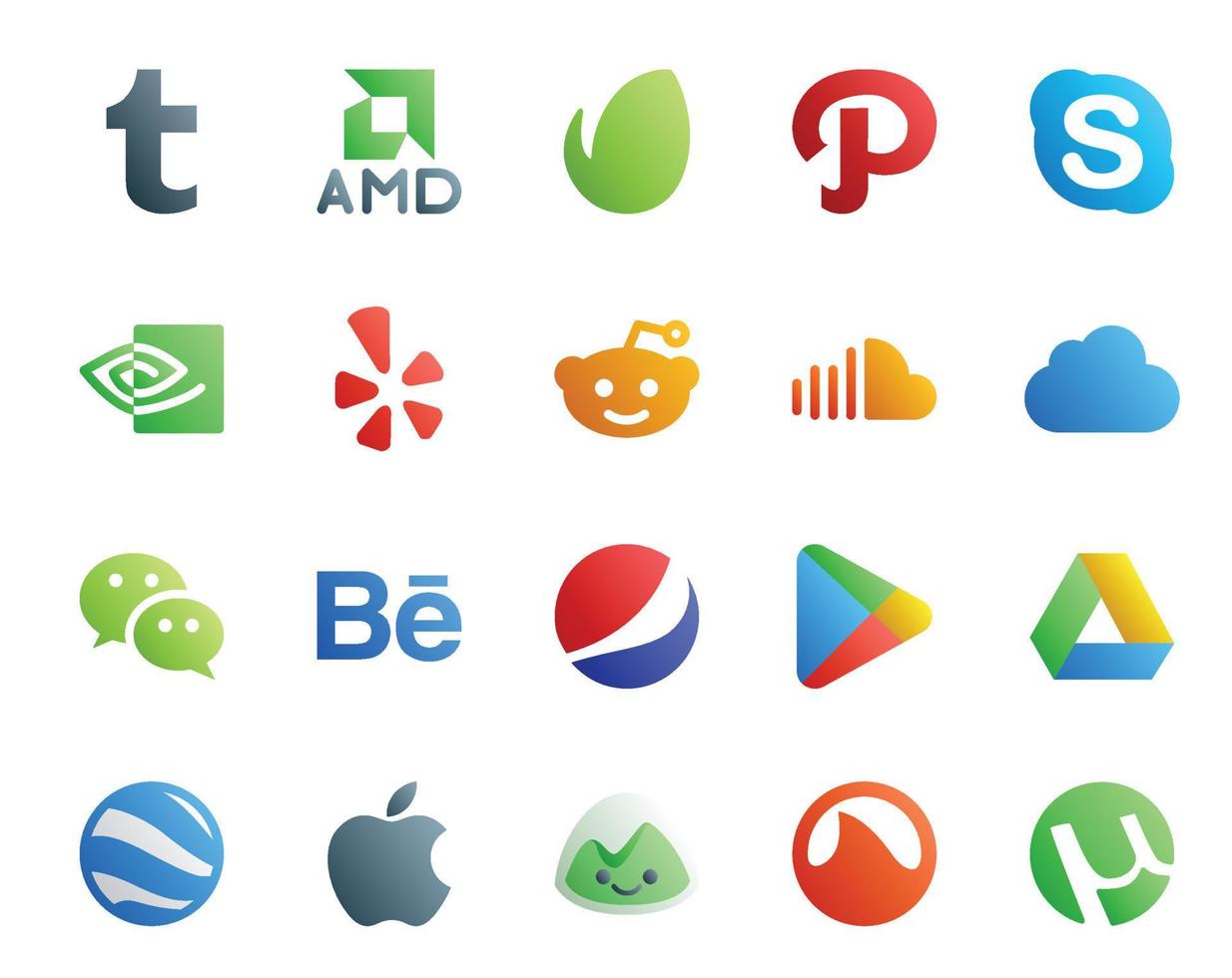 20 sociale media icona imballare Compreso Google giocare Behance reddit messaggero icloud vettore