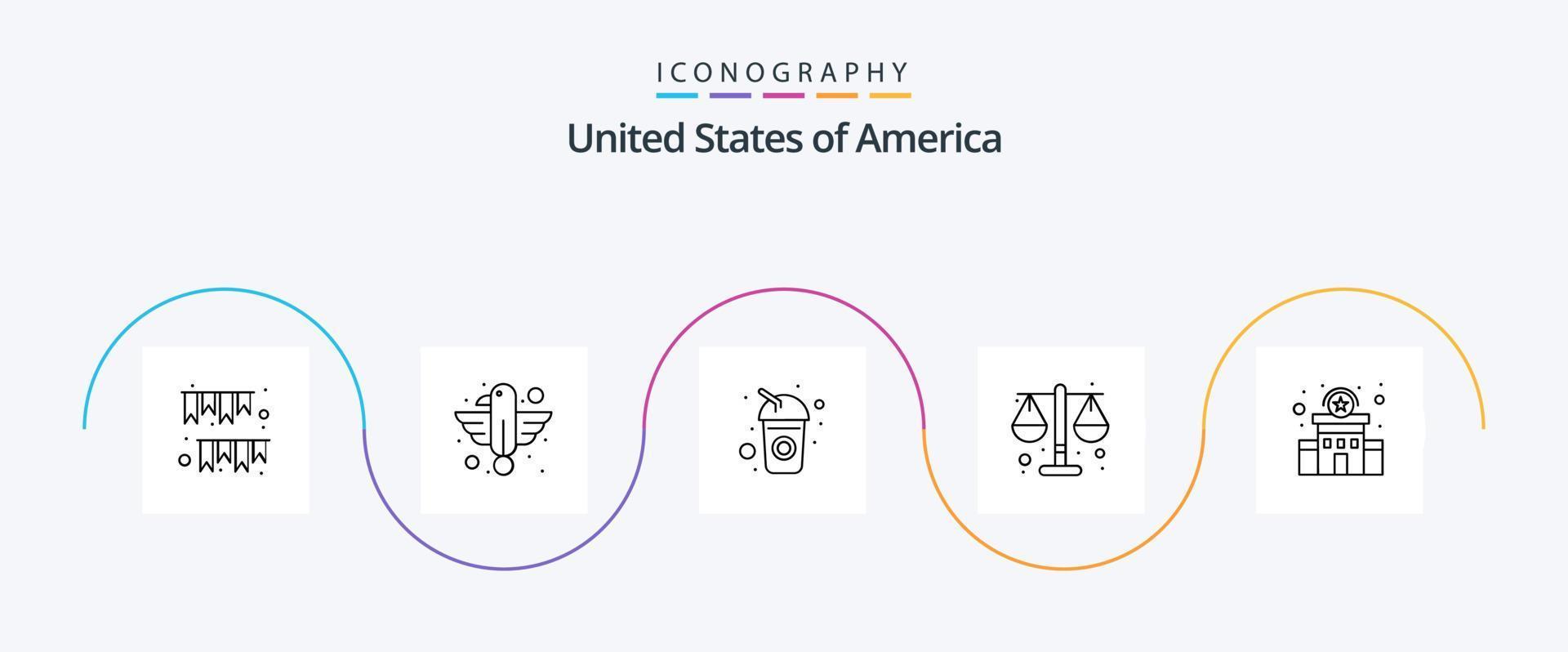 Stati Uniti d'America linea 5 icona imballare Compreso scala. giustizia. aquila. Tribunale. bevanda vettore