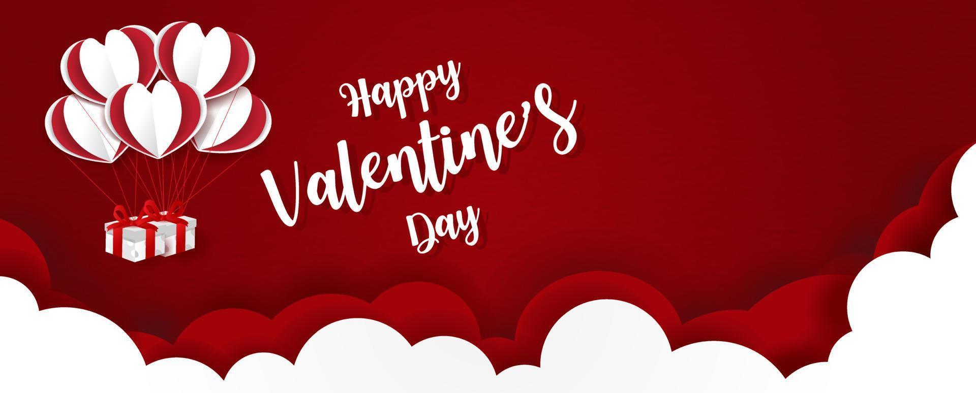 regalo scatola Palloncino con contento San Valentino giorno scritte, bianca e rosso nuvole su rosso sfondo. ragnatela bandiera di San Valentino giorno nel carta tagliare vettore design.