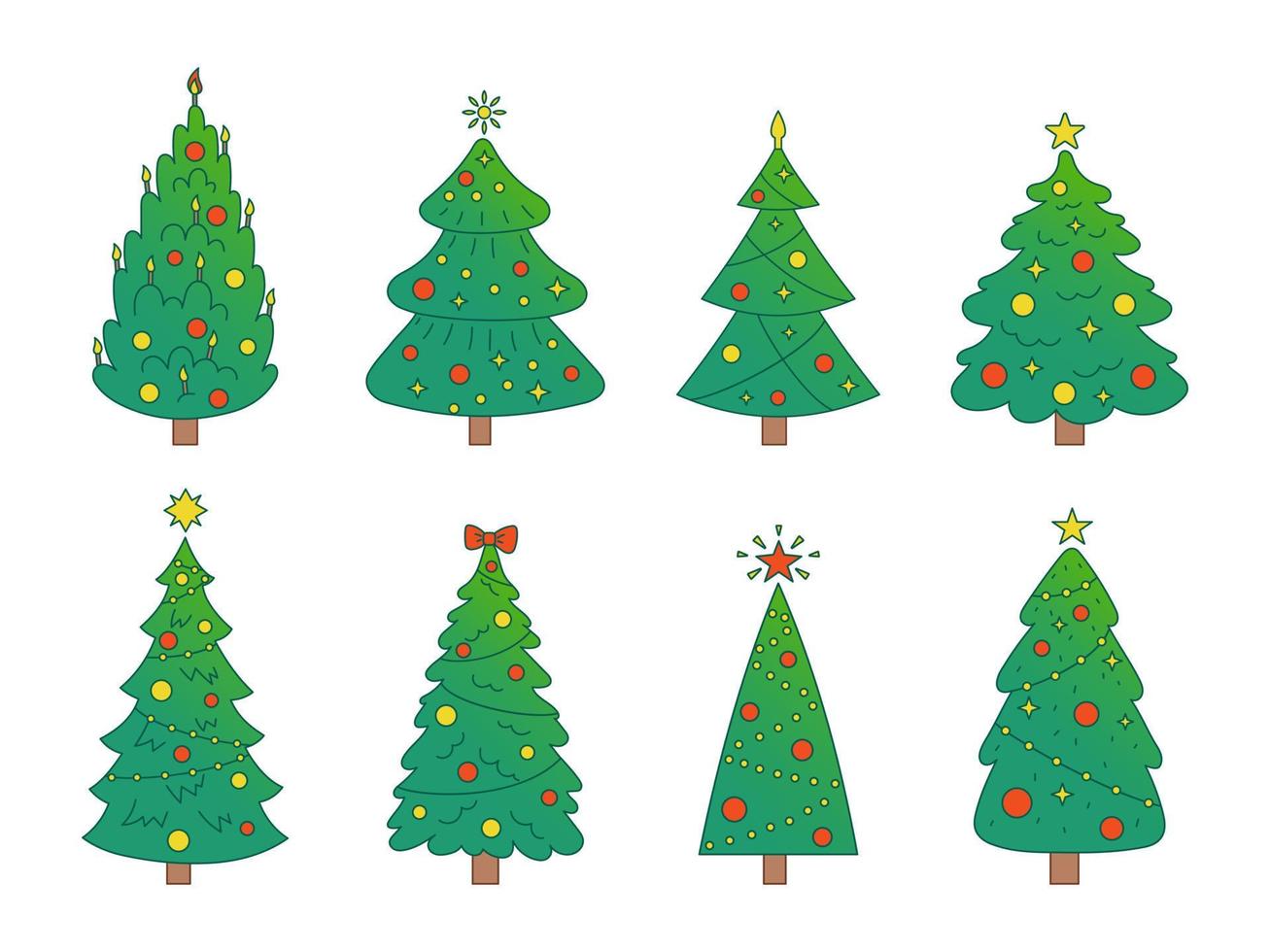 vettore nuovo anno impostato con Natale alberi. sempreverde alberi con palle, stelle e ghirlande. pendenza abete alberi per Natale.