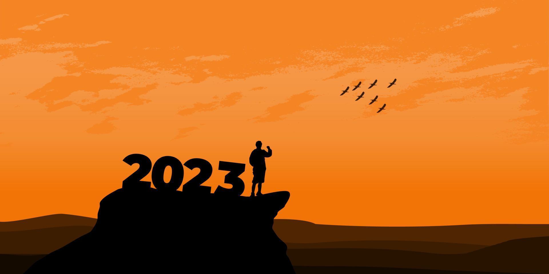 nuovo anno 2023 concetto. uomo incontra alba nel montagne per nuovo anno 2023. nuovo inizio motivazione ispirazione citazione Messaggio su silhouette uomo vettore