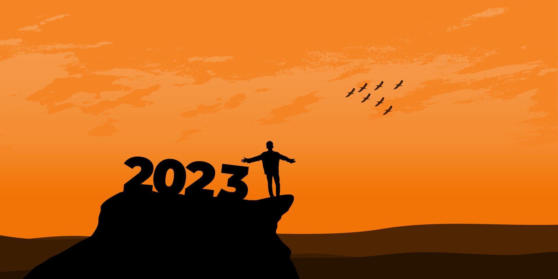 nuovo anno 2023 concetto. uomo incontra alba nel montagne per nuovo anno 2023. nuovo inizio motivazione ispirazione citazione Messaggio su silhouette uomo vettore