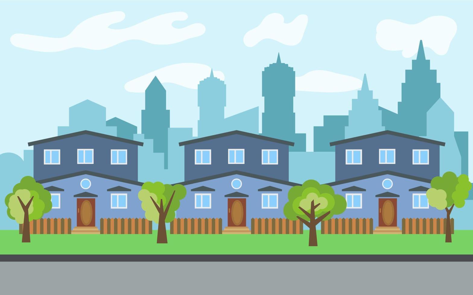 vettore città con tre due storie cartone animato case e verde alberi nel il soleggiato giorno. estate urbano paesaggio. strada Visualizza con paesaggio urbano su un' sfondo