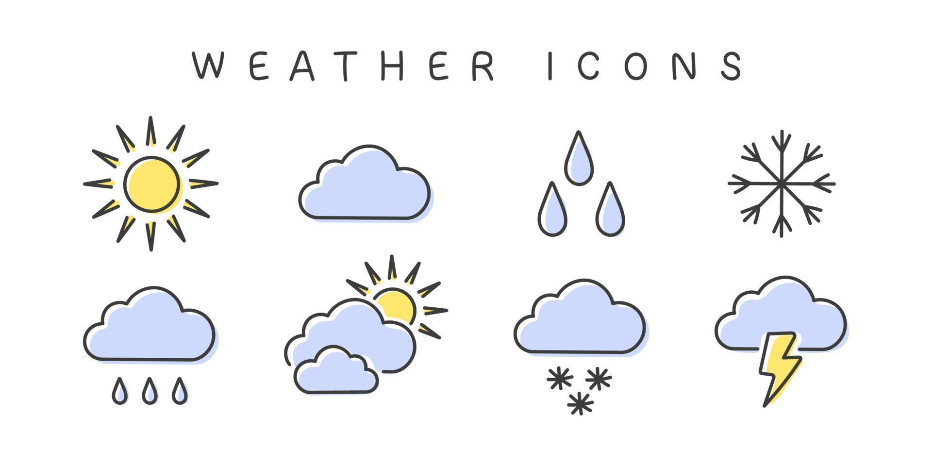 tempo metereologico icone. nuvole e sole icone. meteorologia icone elementi. tempo metereologico ragnatela icone nel moderno stile. vettore illustrazione