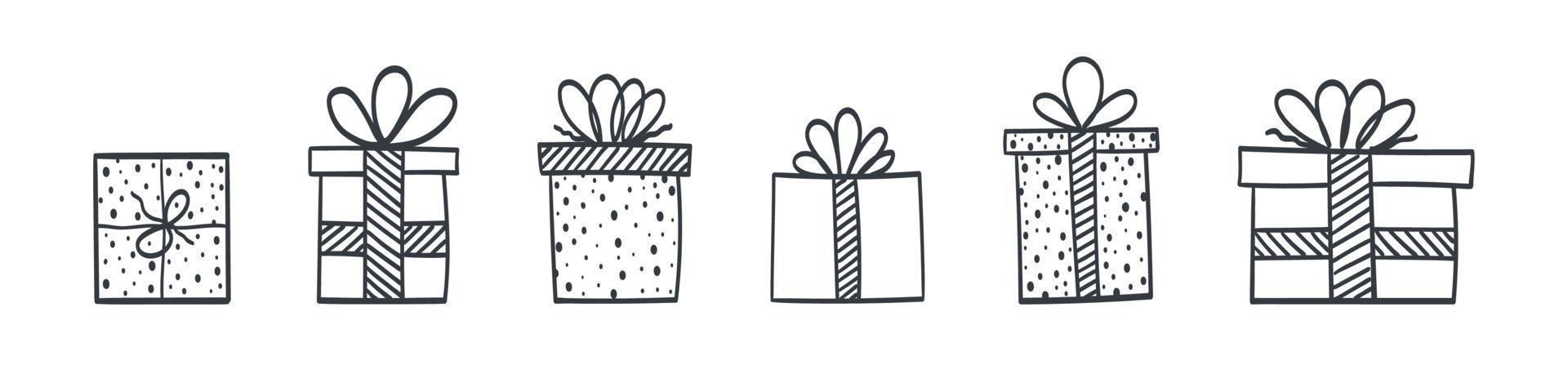 regalo scatola icone. impostato di mano disegnato regalo scatole con diverso stile e le forme. vettore illustrazione