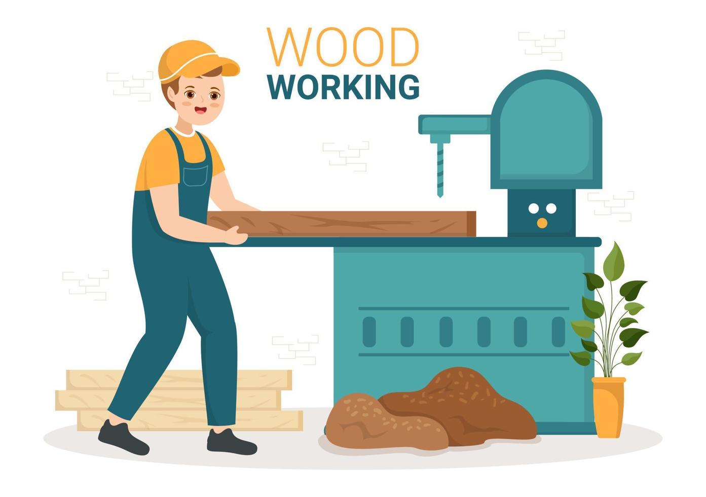 la lavorazione del legno con legna taglio di moderno artigiano e lavoratore utilizzando utensili impostato nel piatto cartone animato mano disegnato modello illustrazione vettore