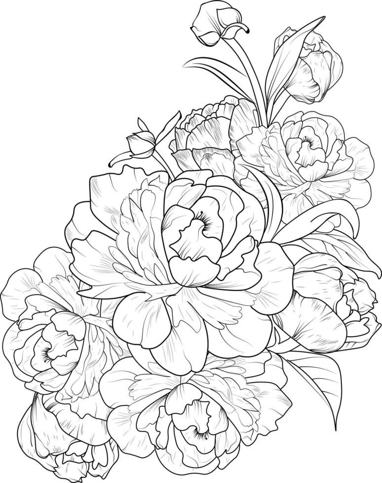 peonia Flwoer mazzo, isolato fiore mano disegnato vettore schizzo illustrazione, botanico collezione ramo di foglia mini cuffie naturale collezione colorazione pagina floreale mazzi di fiori inciso inchiostro arte.