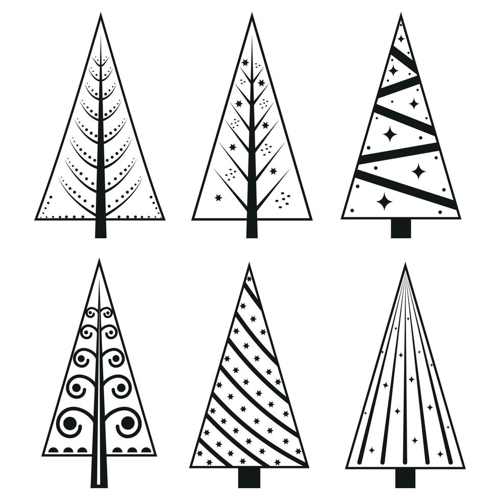 un' impostato di Natale alberi nel il scarabocchio stile, nero schema. isolato vettore illustrazione.