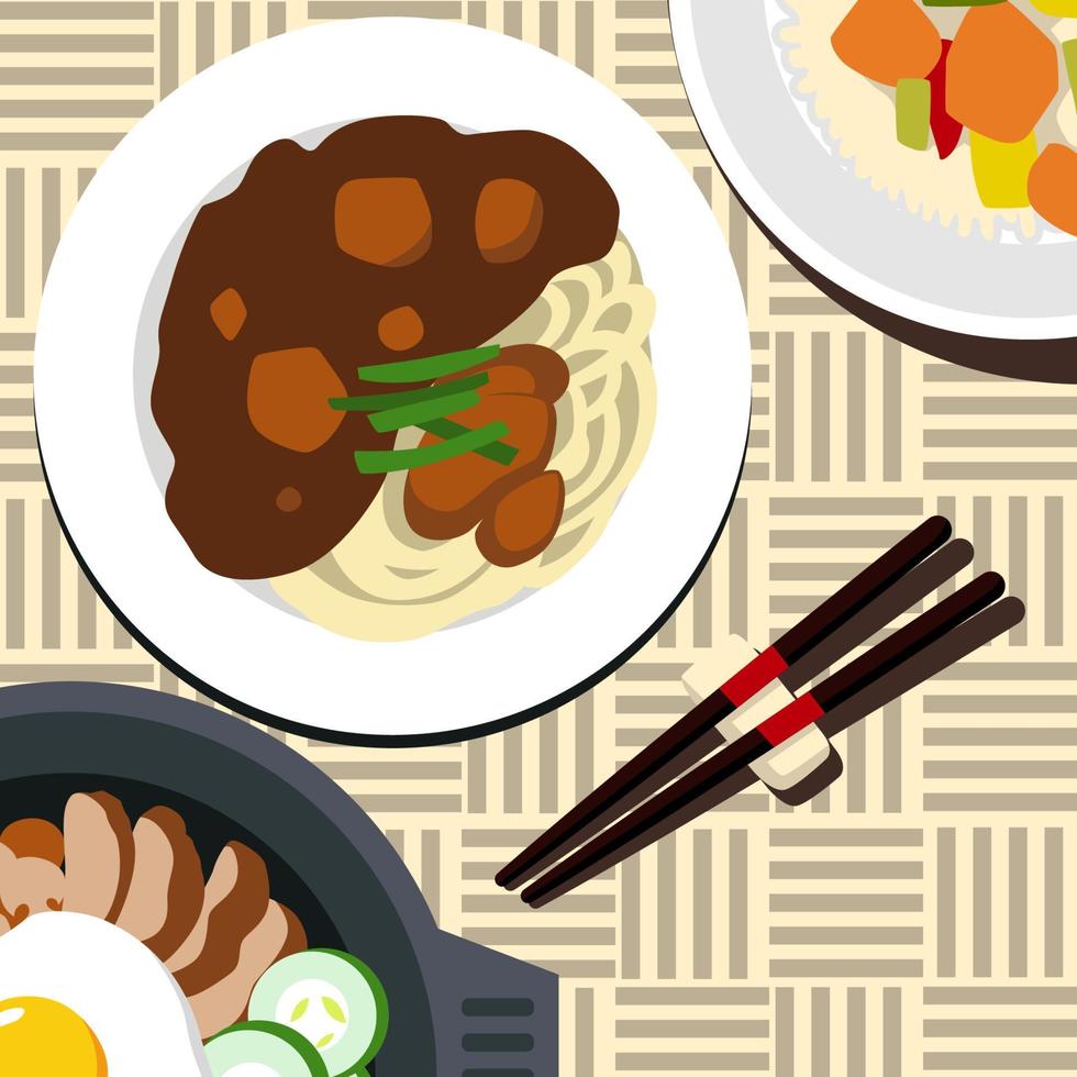 jjajangmyeon piatto stile illustrazione vettore design