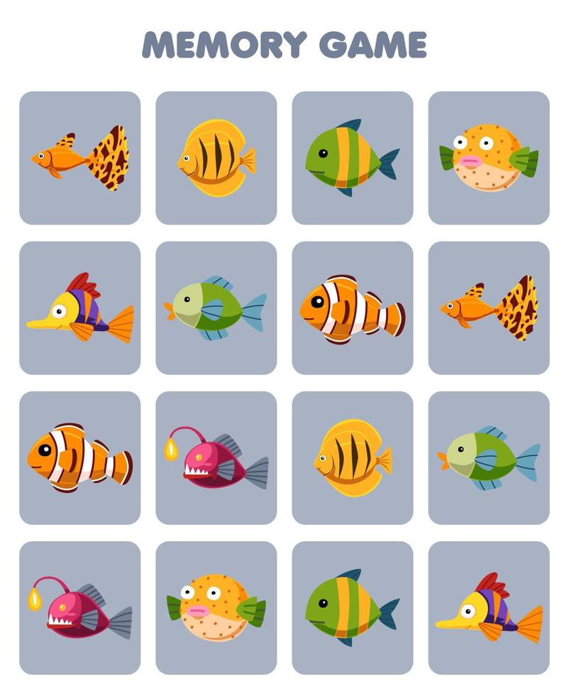 formazione scolastica gioco per bambini memoria per trova simile immagini di carino cartone animato pesce stampabile subacqueo foglio di lavoro vettore