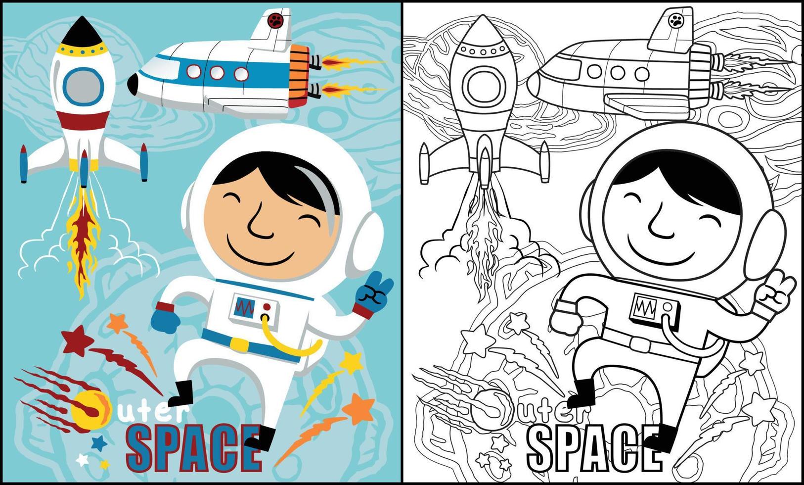divertente astronauta cartone animato con navicella spaziale nel esterno spazio, colorazione libro o pagina vettore