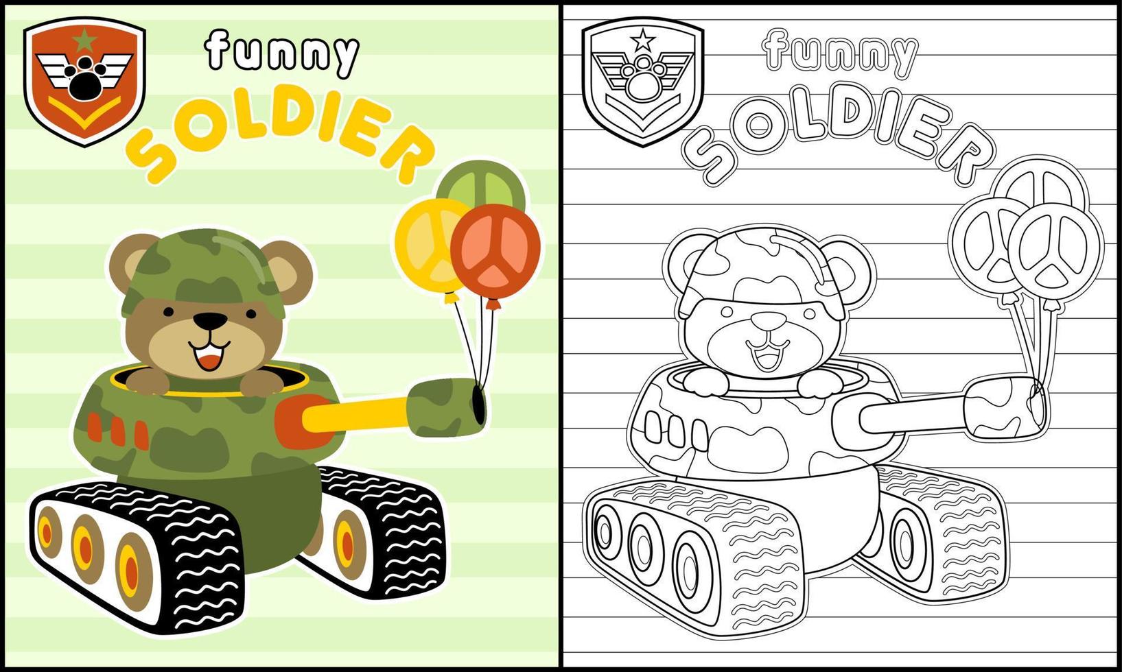 colorazione libro di divertente orso cartone animato nel soldato casco su blindato veicolo vettore