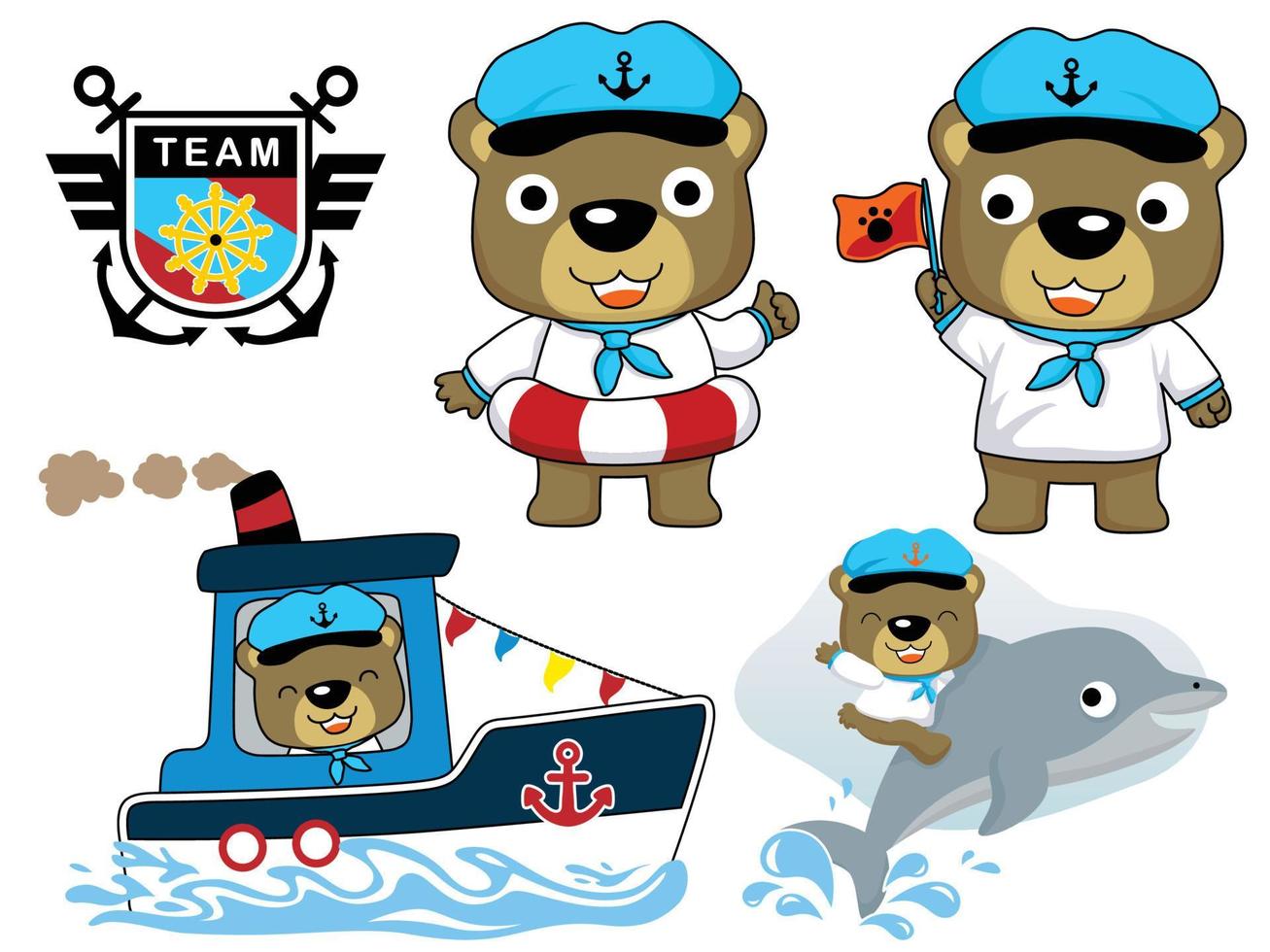 vettore illustrazione impostato di carino orso cartone animato nel marinaio costume con delfino, andare in barca elementi cartone animato