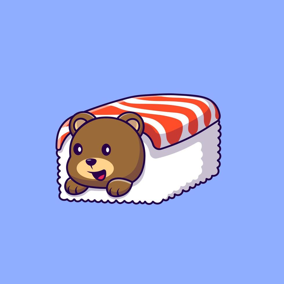 carino orso nel Sushi salmone cartone animato vettore icone illustrazione. piatto cartone animato concetto. adatto per qualunque creativo progetto.