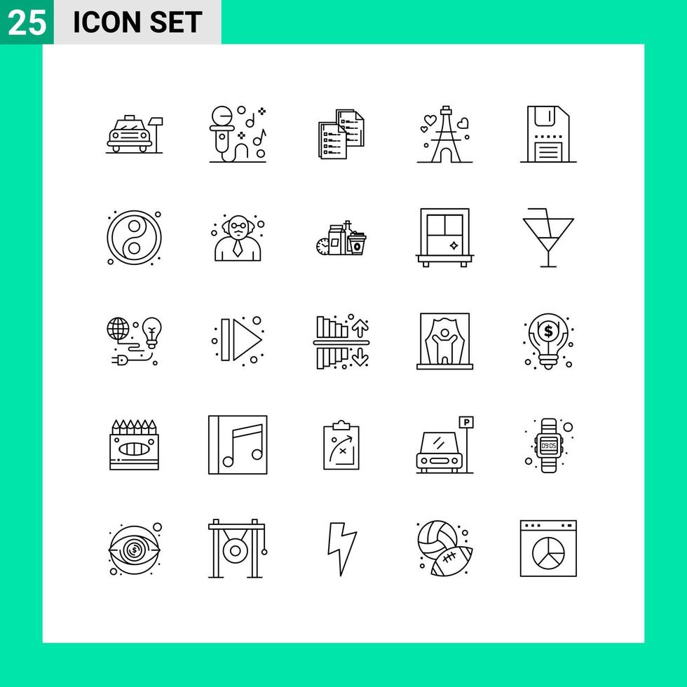 mobile interfaccia linea impostato di 25 pittogrammi di nozze amore documento Torre carta modificabile vettore design elementi