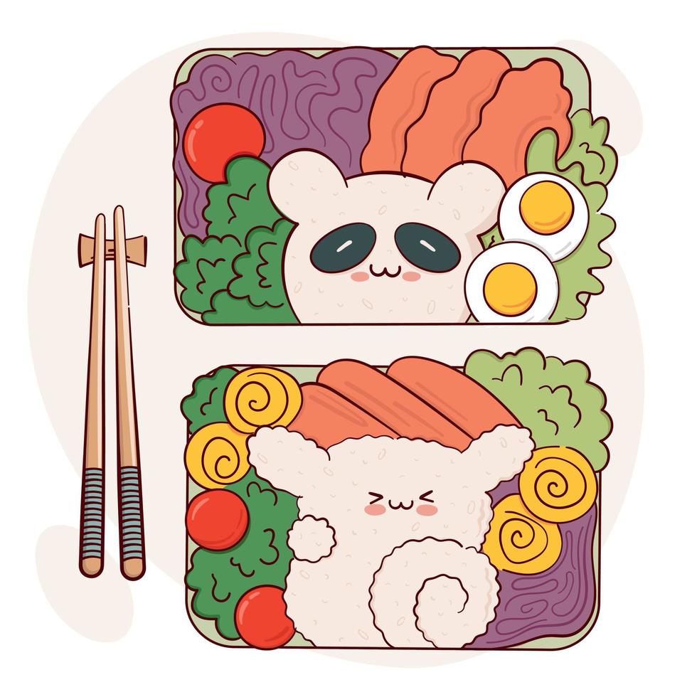 disegnare divertente kawaii bento scatola casa cucinando porta via pasto prep vettore illustrazione. giapponese asiatico tradizionale cibo, cucinando, menù concetto. scarabocchio cartone animato stile