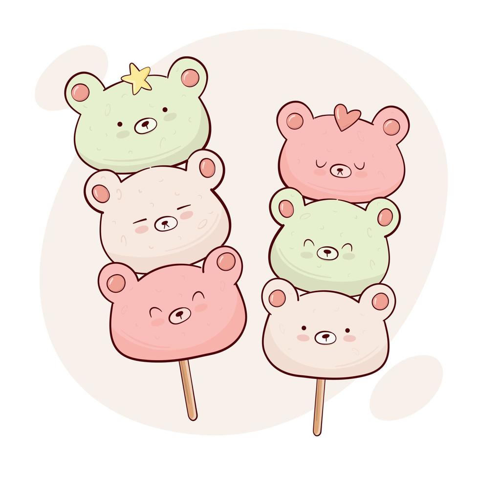 disegnare divertente kawaii Giappone tradizione dolce sanshoku dango tre colorato vettore illustrazione. giapponese asiatico tradizionale cibo, cucinando, menù concetto. scarabocchio cartone animato stile.