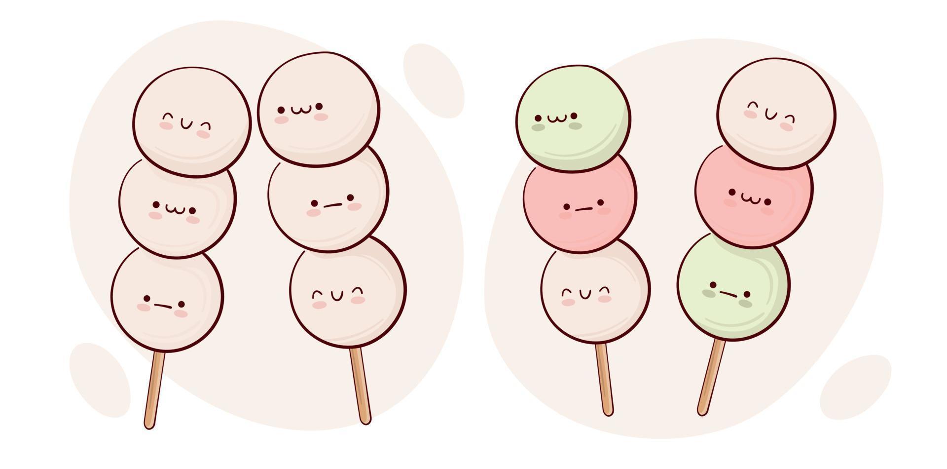 disegnare divertente kawaii Giappone tradizione dolce dango vettore illustrazione. giapponese asiatico tradizionale cibo, cucinando, menù concetto. scarabocchio cartone animato stile.