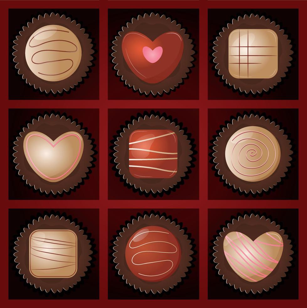 San Valentino giorno, compleanno cioccolatini nel scatola. cioccolato impostare, delizioso dolce modello, amore striscione, superiore Visualizza cioccolato praline collezione, cioccolato vettore illustrazione