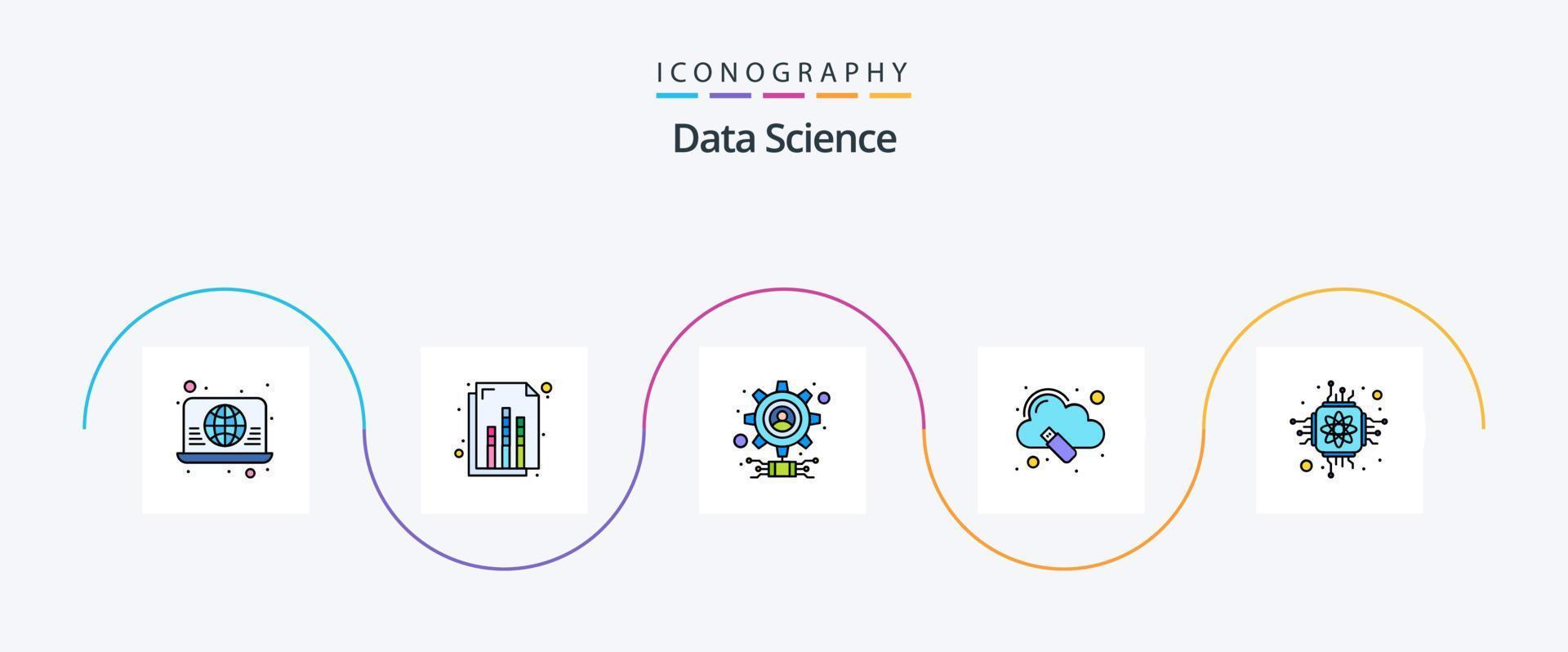 dati scienza linea pieno piatto 5 icona imballare Compreso microchip. grande dati. Ingranaggio. Conservazione. nube vettore
