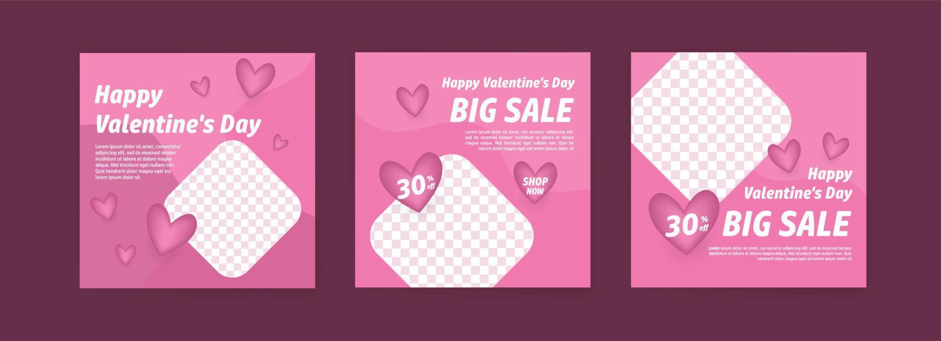 modelli di post sui social media per il marketing digitale e la promozione delle vendite il giorno di San Valentino. pubblicità di moda. offrire banner sui social media. illustrazione di mockup cornice foto vettoriale