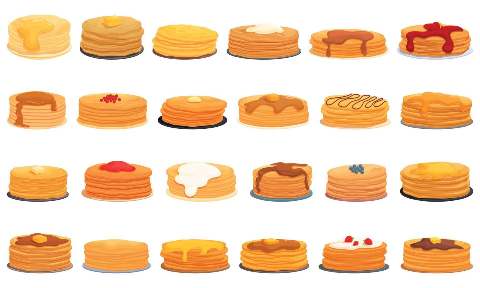 pancake settimana icone impostato cartone animato vettore. cibo burro vettore