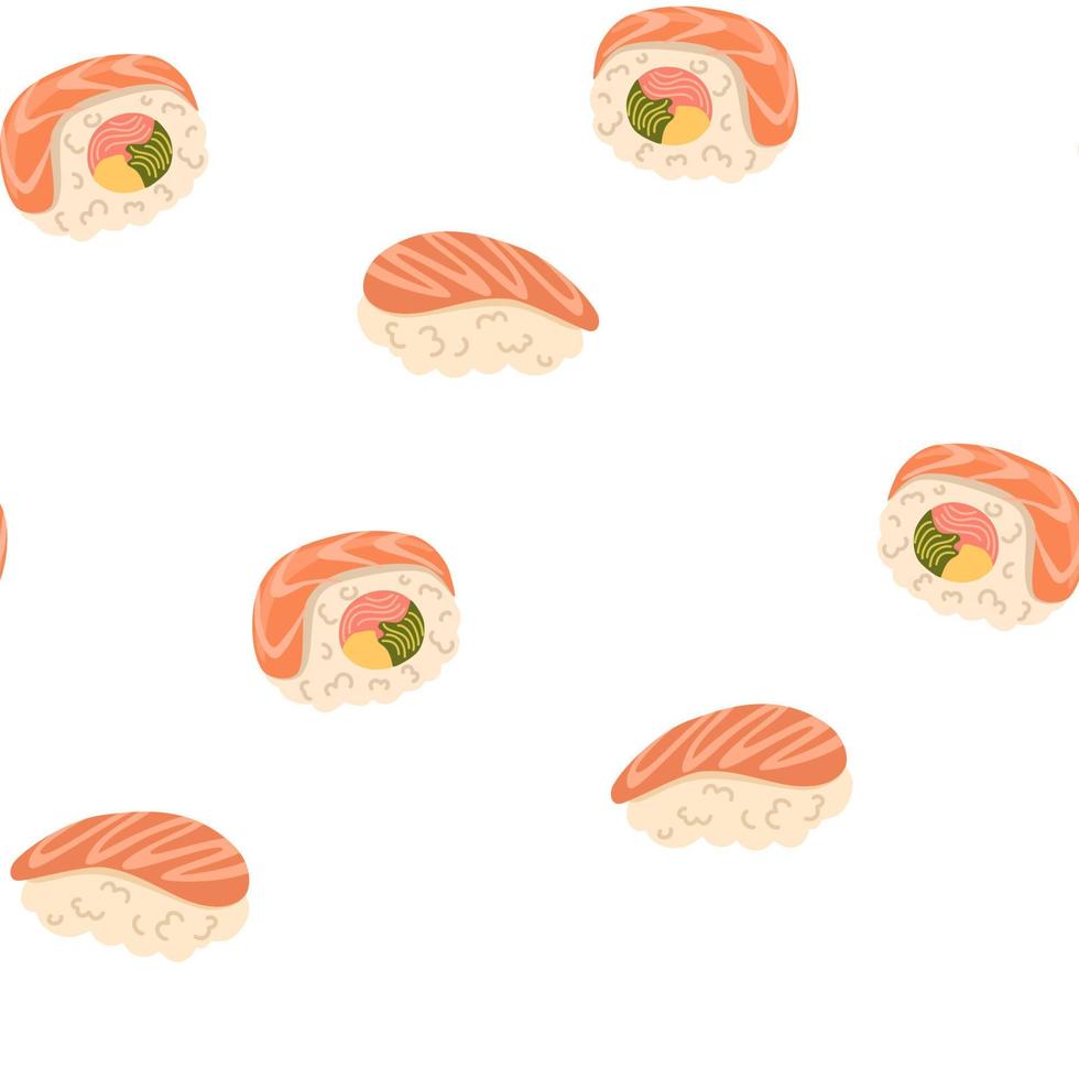 Sushi senza soluzione di continuità modello. asiatico cibo sfondo. Perfetto per ristorante bar e Stampa menu. vettore mano disegnare cartone animato illustrazione.