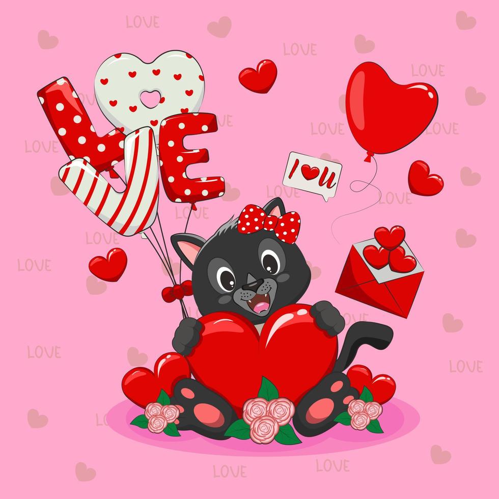 vettore gatto con amore cuore Palloncino, animale san valentino. cartone animato illustrazione