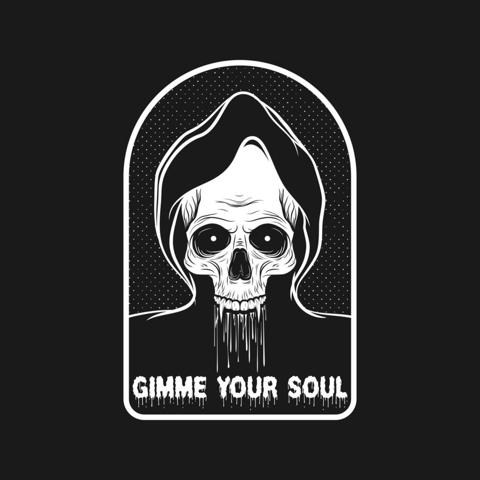 Dammi il tuo anima, cranio e zombie tipografia citazione design. vettore