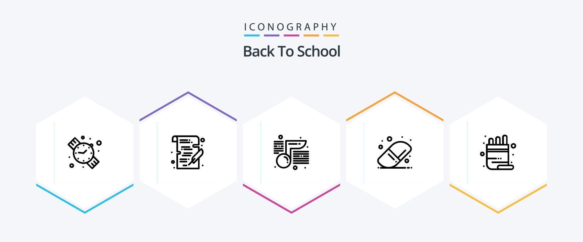 indietro per scuola 25 linea icona imballare Compreso matita. colore. Nota. scuola. formazione scolastica vettore