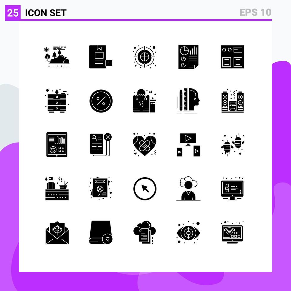 mobile interfaccia solido glifo impostato di 25 pittogrammi di pagina dati conoscenza barre dardo modificabile vettore design elementi