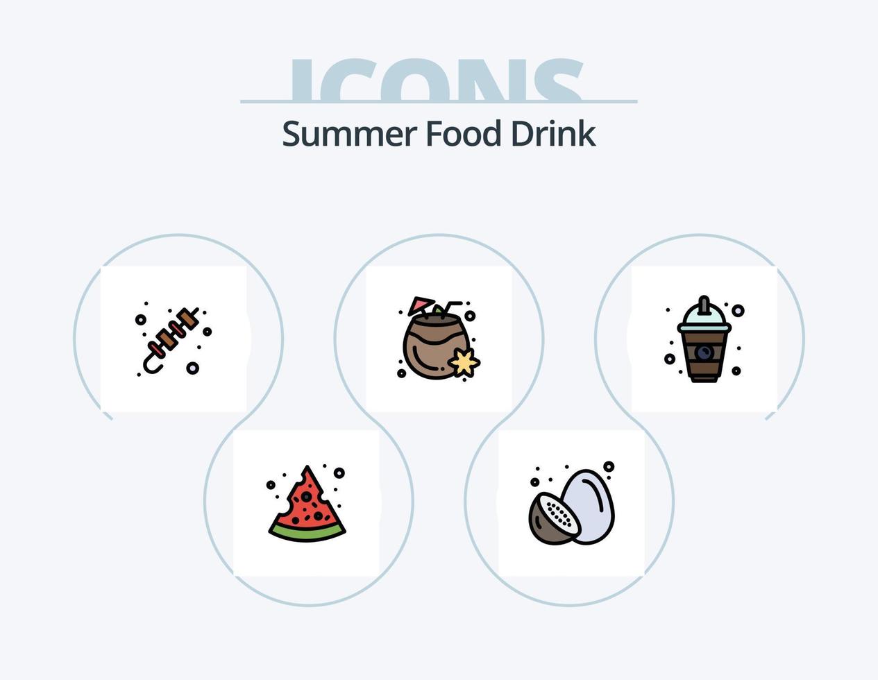 estate cibo bevanda linea pieno icona imballare 5 icona design. barbecue. acqua. banane. scintillante acqua. bevanda vettore