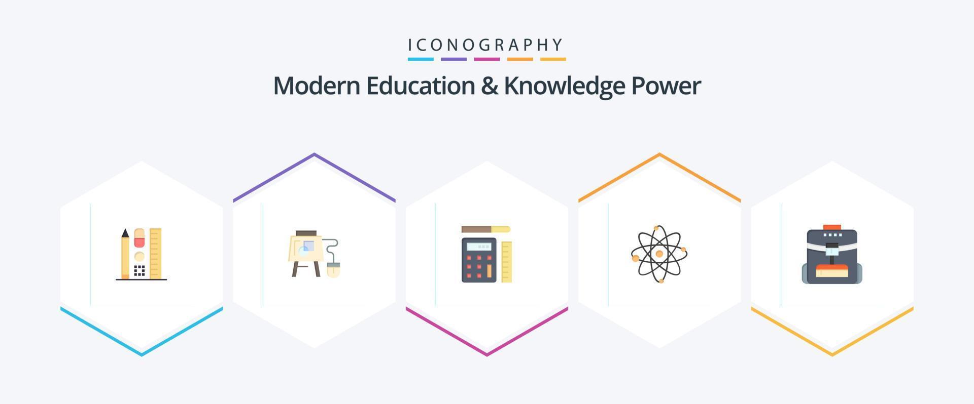 moderno formazione scolastica e conoscenza energia 25 piatto icona imballare Compreso zaino. laboratorio. penna. molecola. atomo vettore