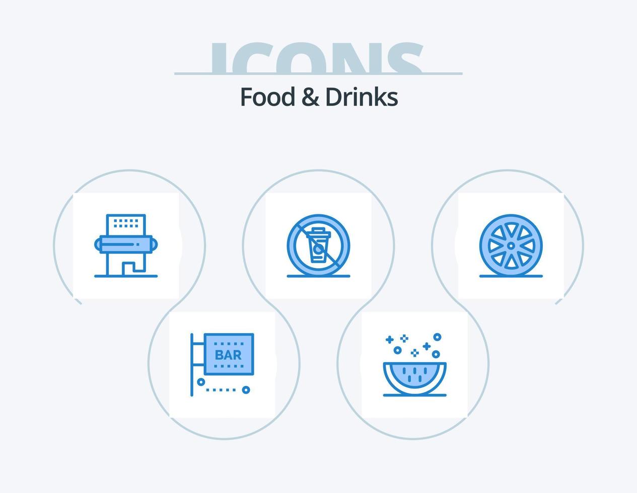cibo e bevande blu icona imballare 5 icona design. cibo. e. pasto. spillo. cibo vettore