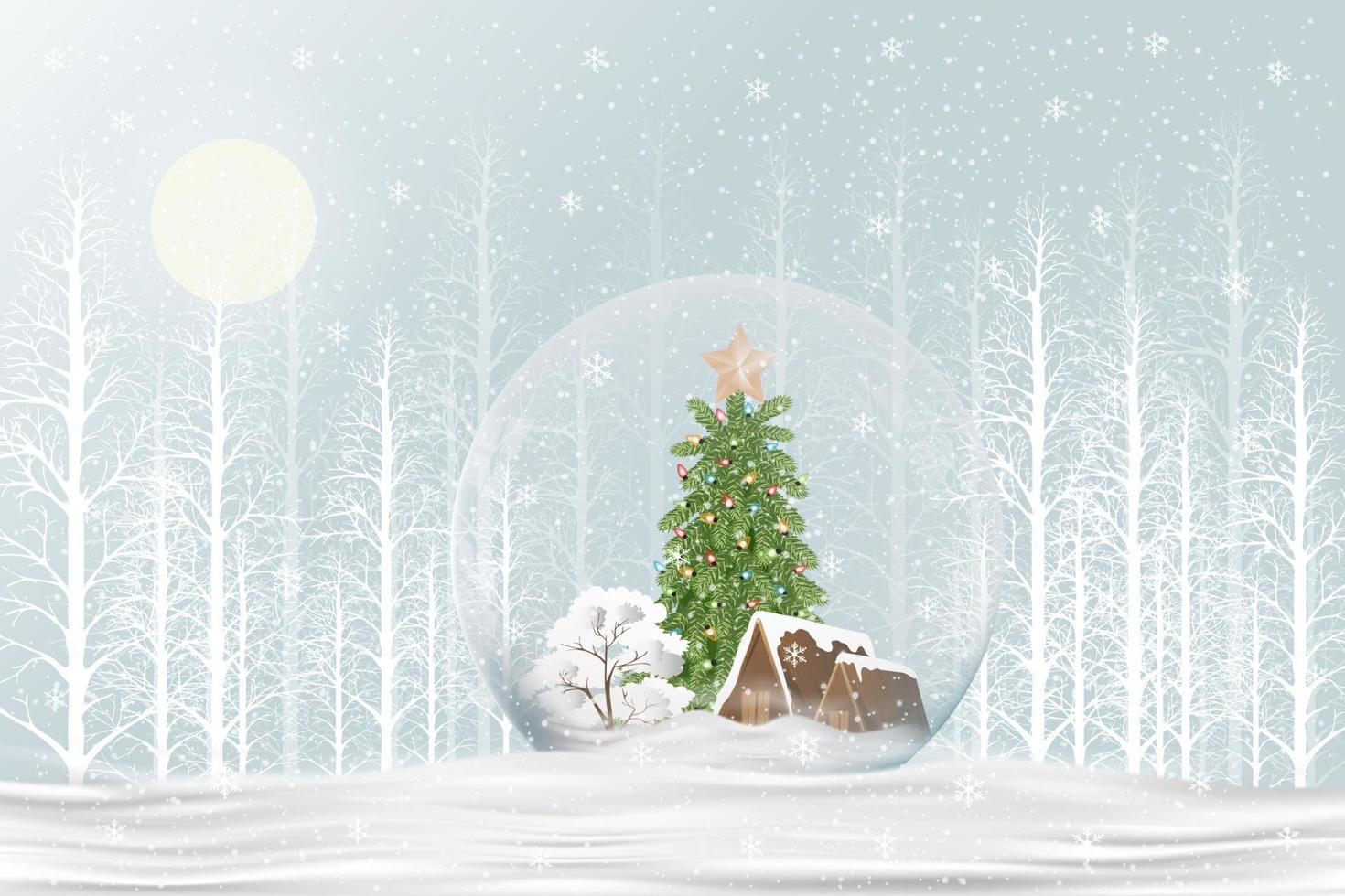 allegro Natale regalo neve globo con natale albero e Casa dentro su neve pavimento nel blu sfondo, inverno Paese delle meraviglie paesaggio con bicchiere neve palla 3d design nel bianca foresta pino albero per nuovo anno vettore