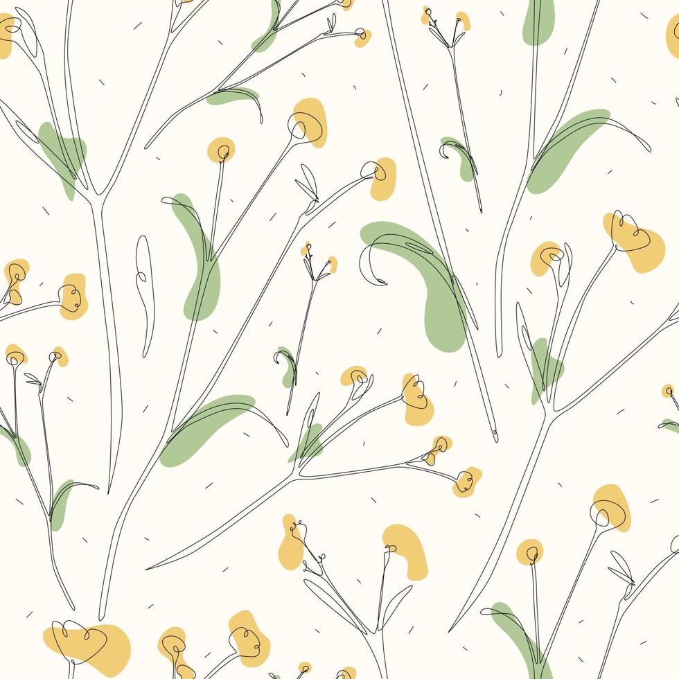 vettore senza soluzione di continuità estate modello. delicato steli di fiori selvatici con le foglie e giallo mini cuffie con petali. primula rami con linea arte colpi.