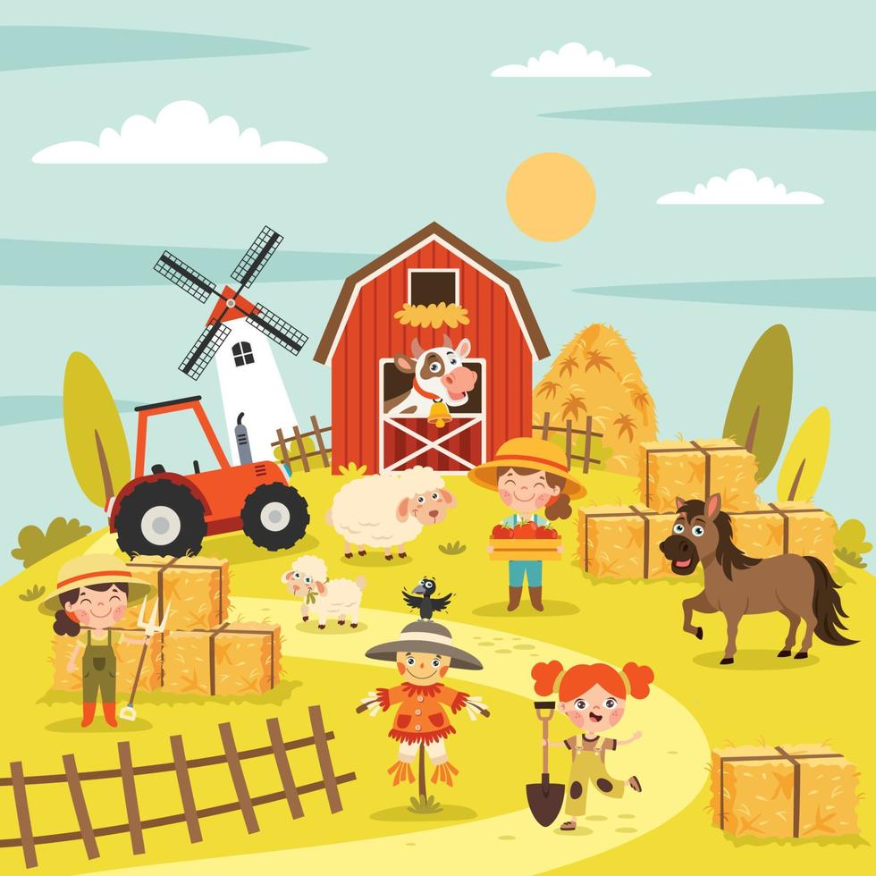 azienda agricola scena con cartone animato animali vettore