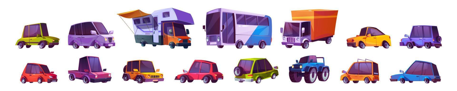 cartone animato macchine, automobili impostato autobus, mostro camion vettore