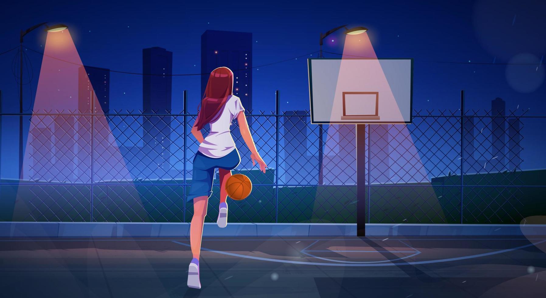 ragazza giocando pallacanestro su all'aperto Tribunale a notte vettore