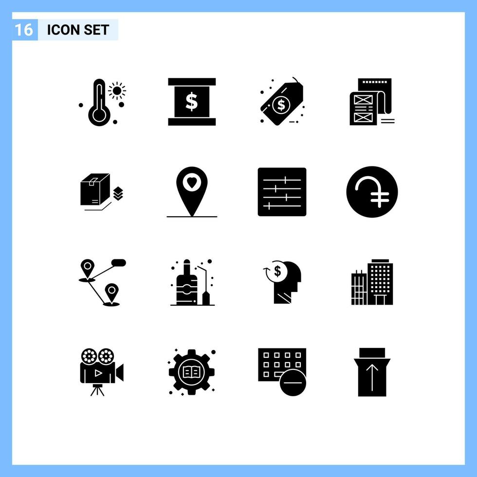 16 solido glifo concetto per siti web mobile e applicazioni fascio surprize etichetta scatola Messaggio modificabile vettore design elementi