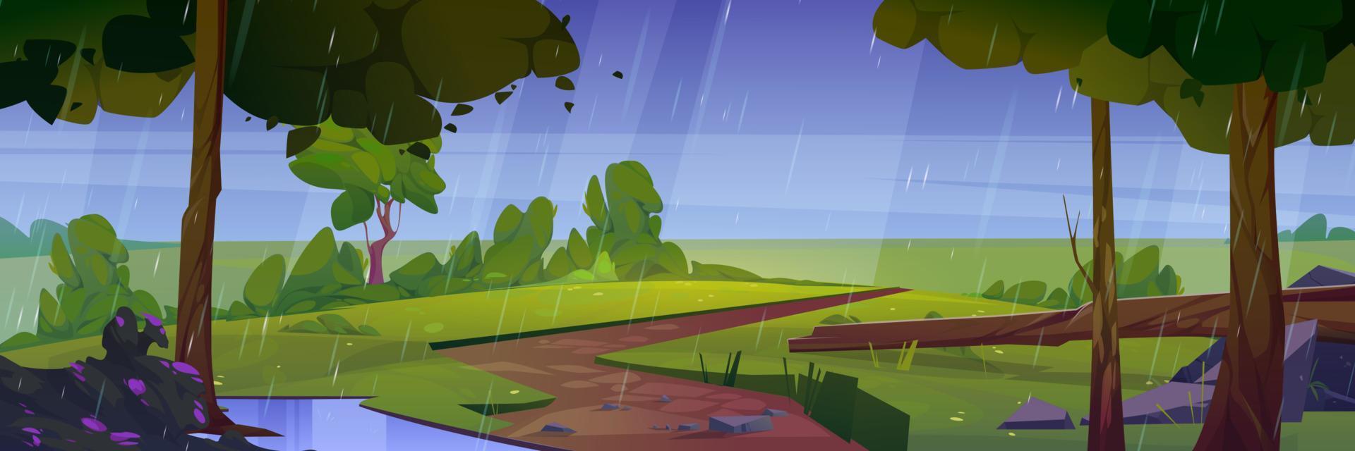 estate pioggia selvaggio natura cartone animato piovoso paesaggio vettore