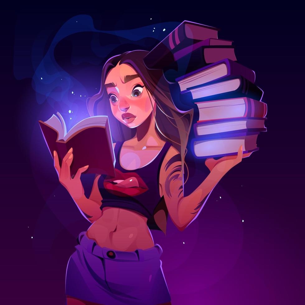 giovane ragazza lettura libro con Magia incandescenza, formazione scolastica vettore