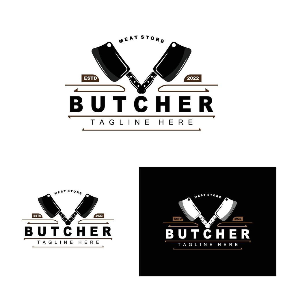 macellaio logo disegno, coltello taglio attrezzo vettore modello, Prodotto marca illustrazione design per macellaio, azienda agricola, macellaio negozio