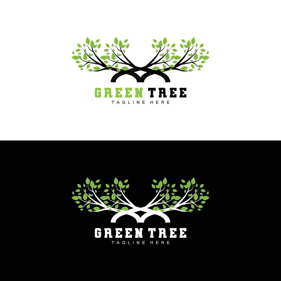 verde albero logo disegno, Bonsai albero logo illustrazione, foglia e legna vettore