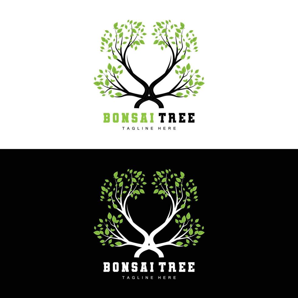 verde albero logo disegno, Bonsai albero logo illustrazione, foglia e legna vettore