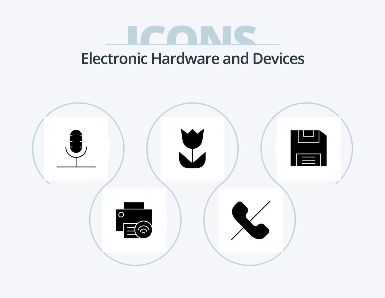 dispositivi glifo icona imballare 5 icona design. foto. fiore. Telefono. telecamera. microfono vettore
