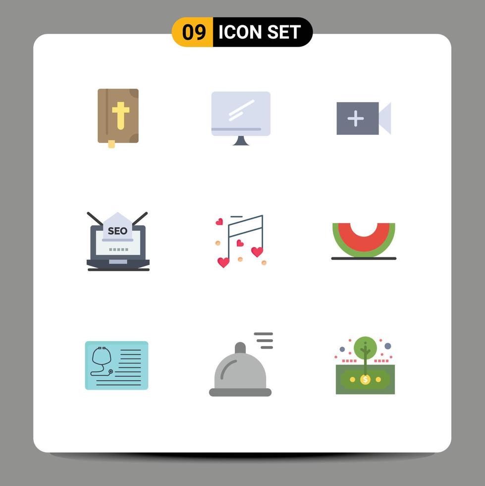 gruppo di 9 moderno piatto colori impostato per musica posta pc ambientazione SEO modificabile vettore design elementi