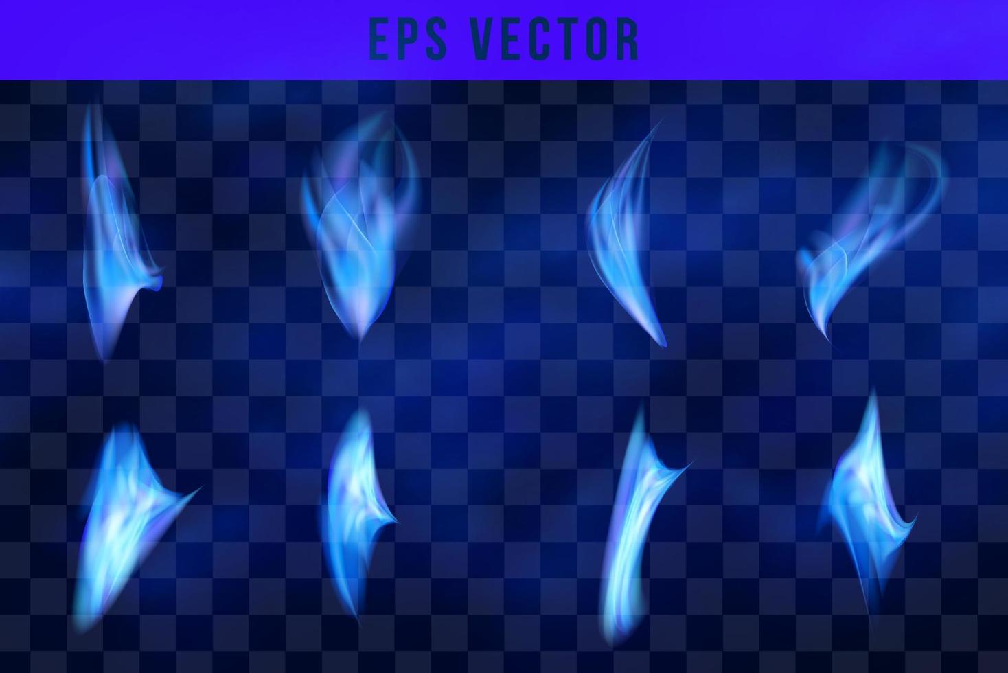 blu fuoco fiamme realistico impostato di diverso le forme e dimensioni su nero sfondo isolato vettore illustrazione